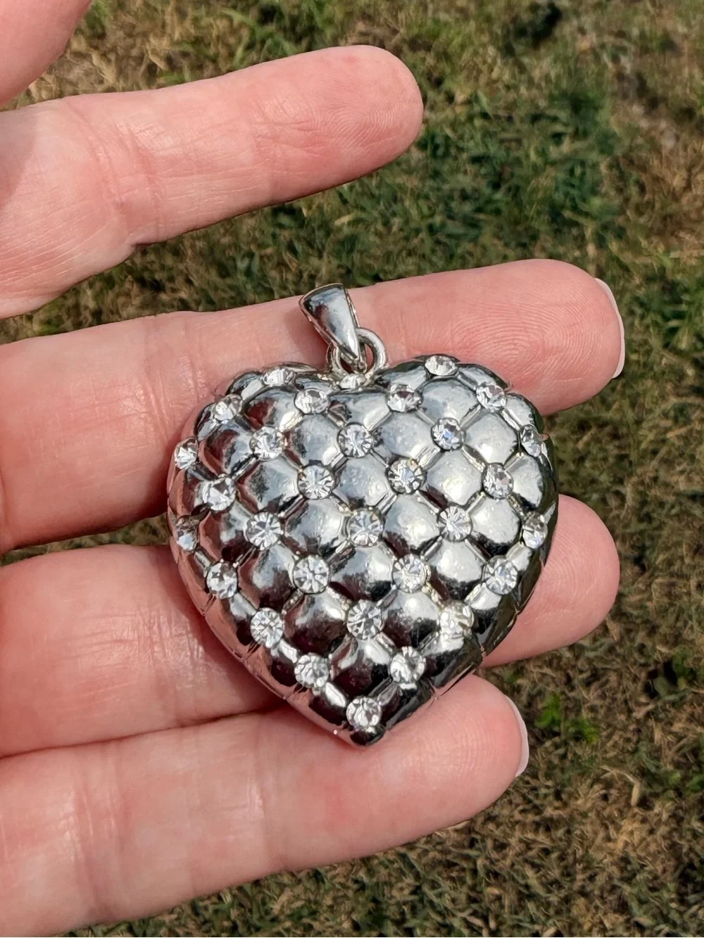 Chunky Silver Plated Heart Quilted Pendant Necklace with Crystal Accents